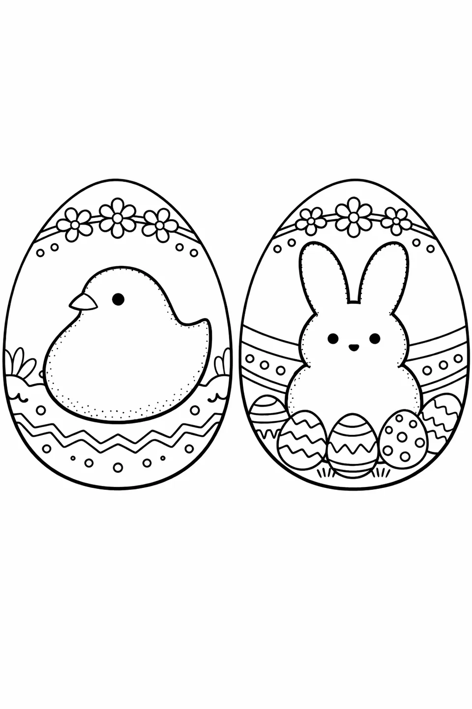 Цыпленок и зайчик Peeps из маршмеллоу, каждый обрамлен в отдельное очертание пасхального яйца с простой декоративной каймой