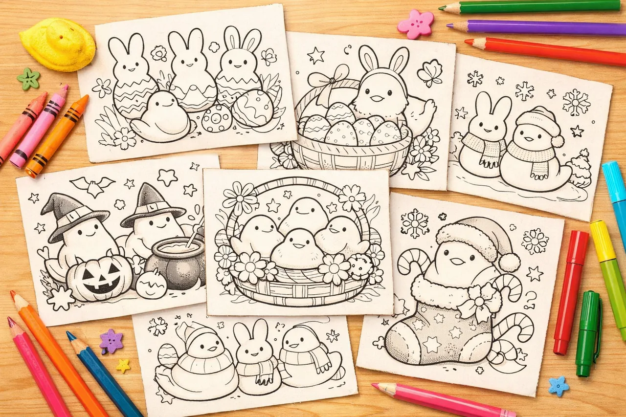 Коллаж обложки раскрасок Peeps Marshmallow Candy