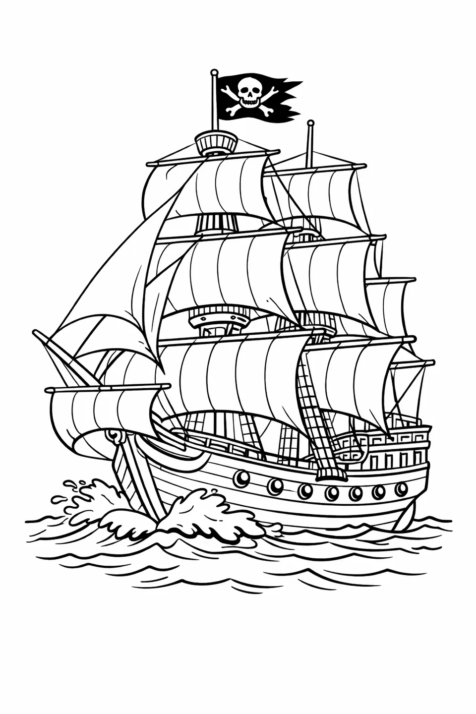 Three-masted pirate ship with full sails, Jolly Roger flag, and cannons visible along the hull sailing on rough water