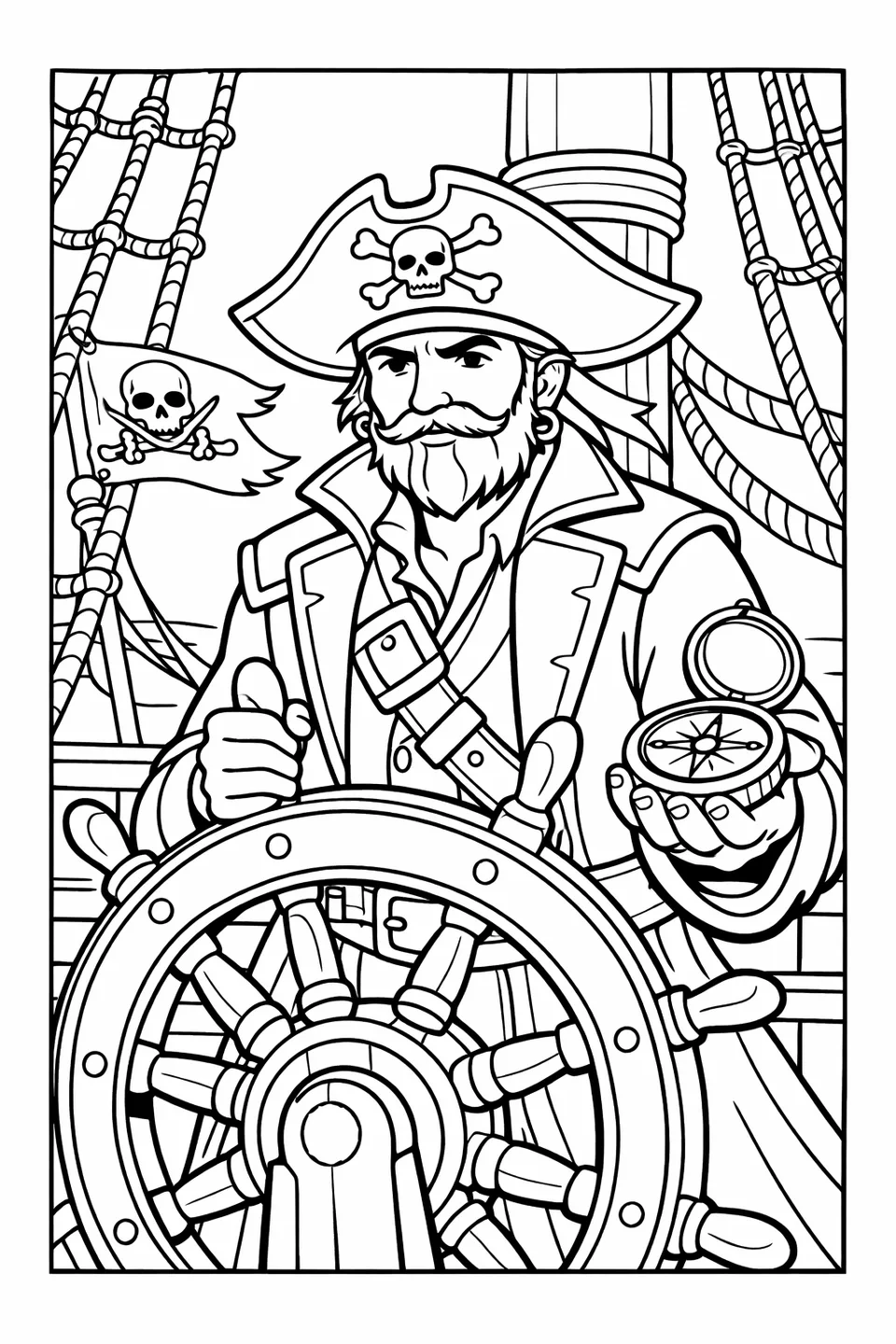 Pirate captain in tricorn hat and long coat holding a compass while standing at a large ship's wheel with rigging behind him