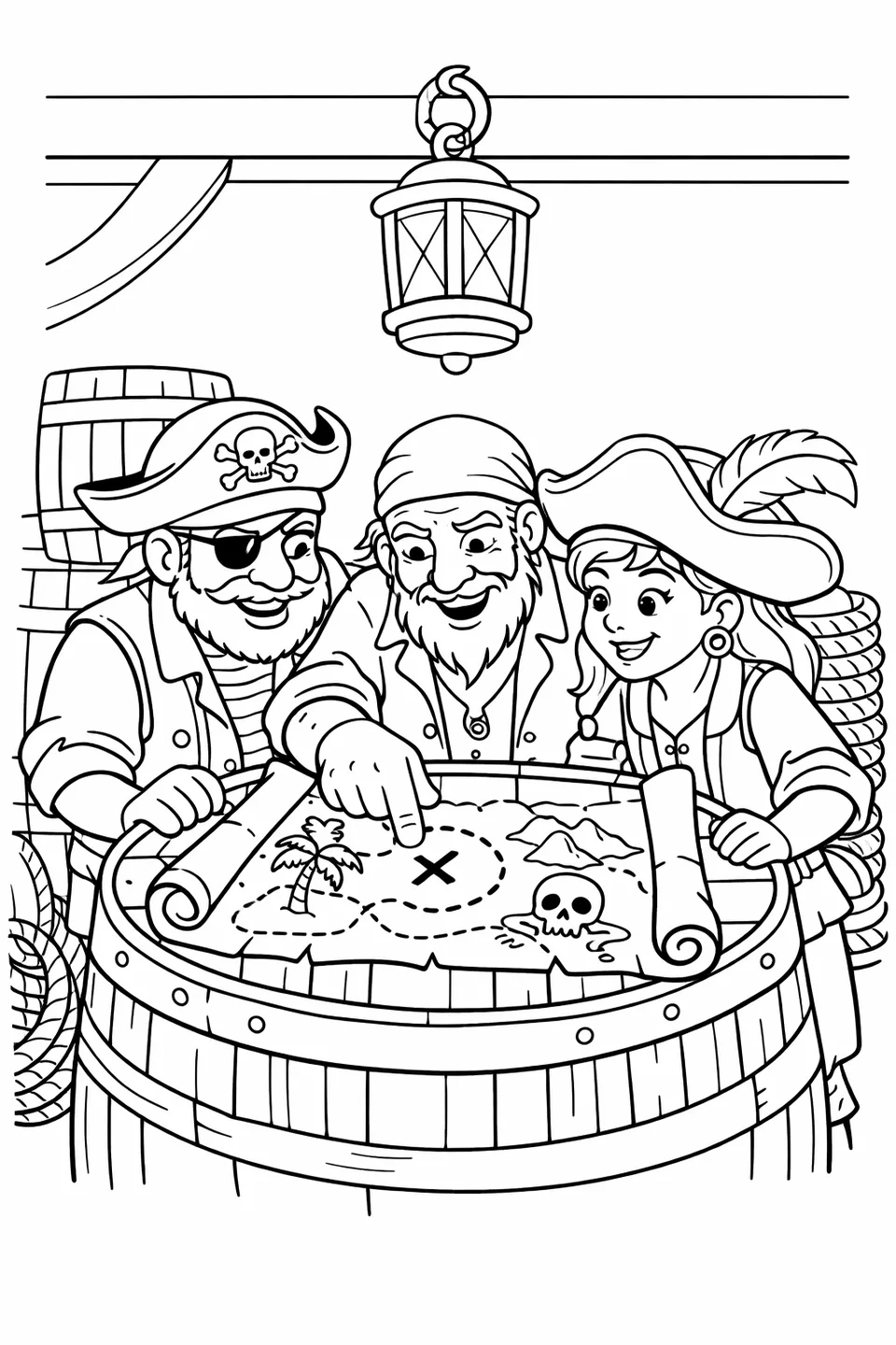 Three pirates looking at a treasure map spread on a barrel below deck, with a hanging lantern and coiled ropes in the background