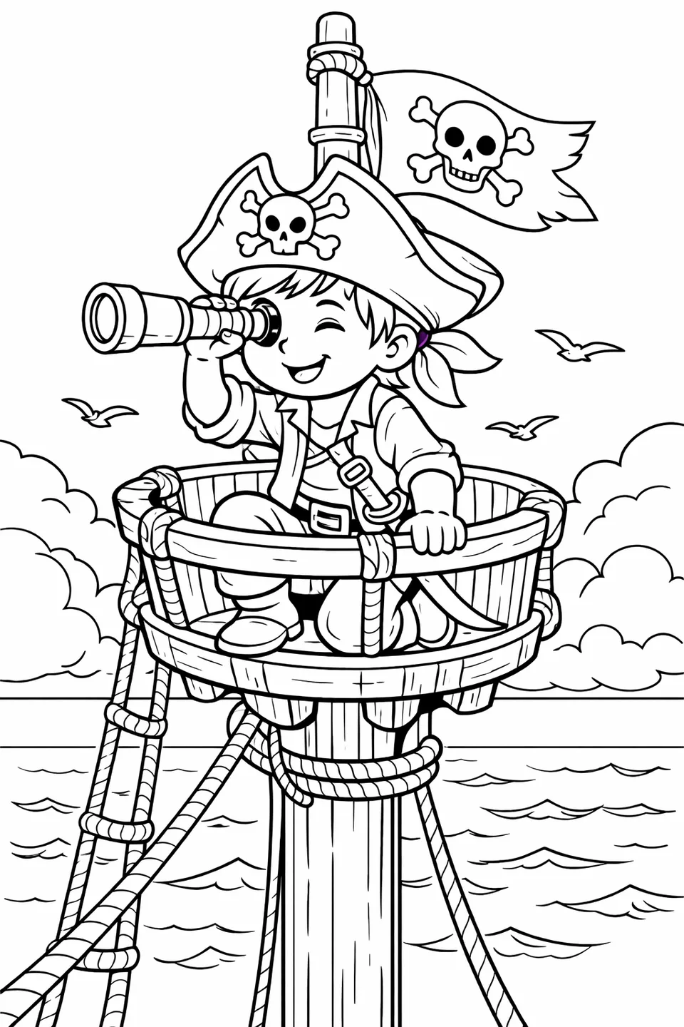 Young pirate in a bandana sitting in a crow's nest and looking through a spyglass with the ocean and clouds visible below