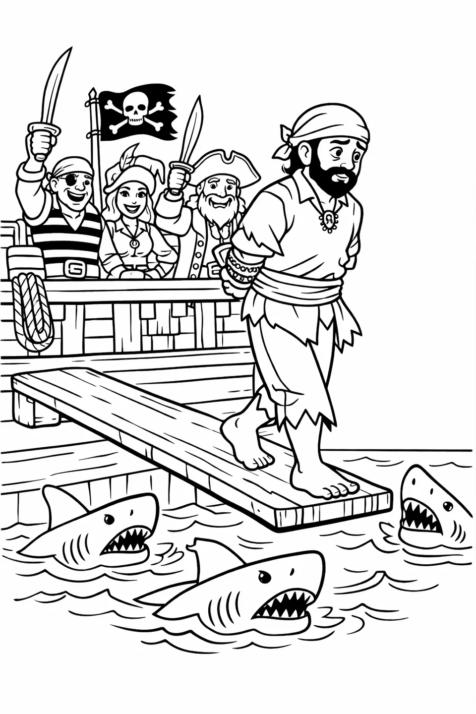 A pirate with tied hands walking a plank over shark-filled water while a crew watches from the ship deck with raised swords