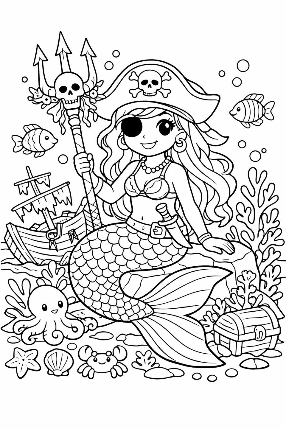 A pirate mermaid with a bandana and skull trident sitting on a rock near a sunken ship surrounded by coral and fish