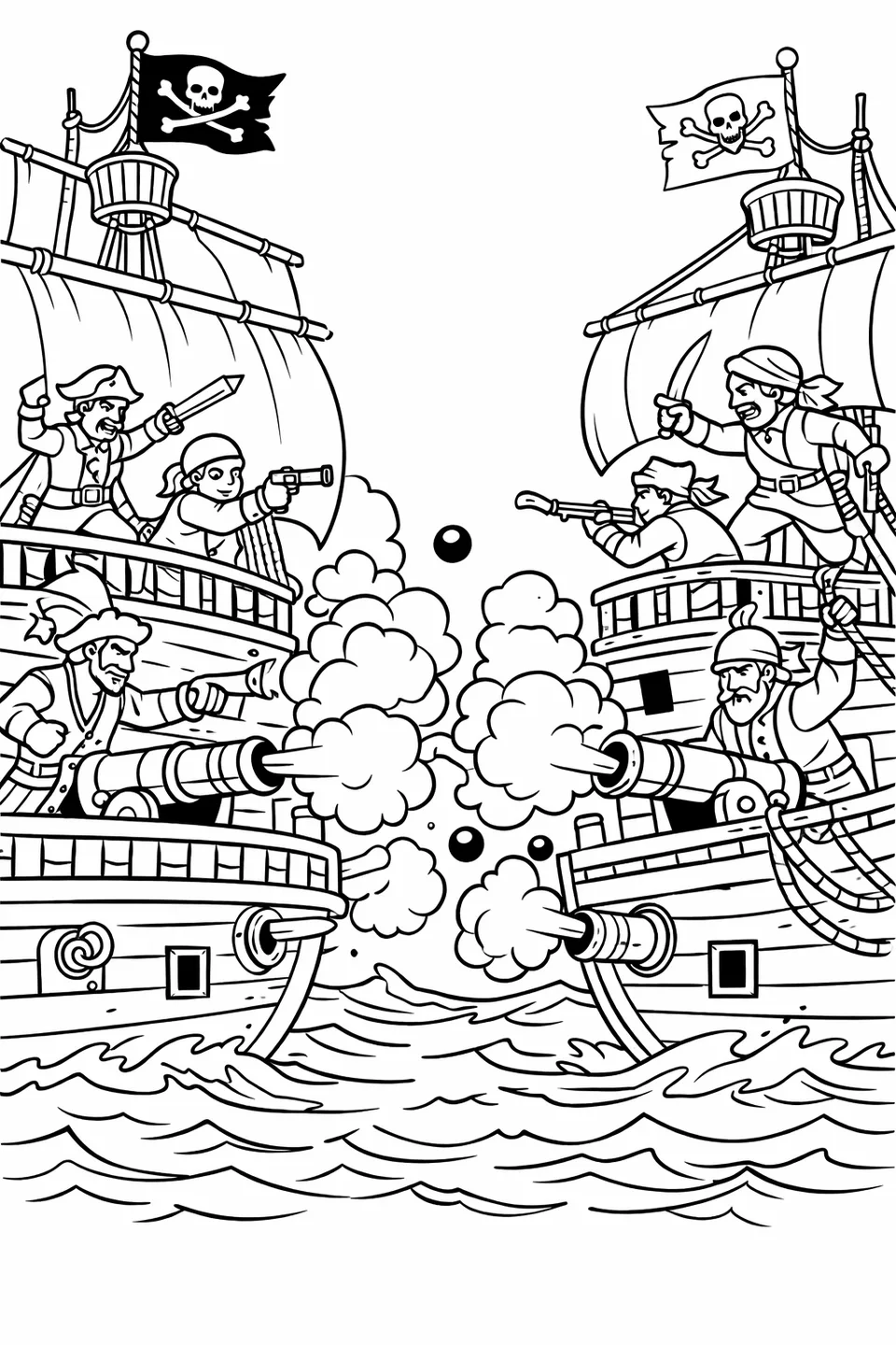 Two sailing ships firing cannons at each other across the water with smoke billowing and sailors visible on both decks