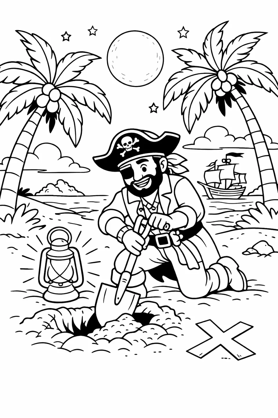 A pirate with a shovel digging a hole near an X mark on a tropical island at night with a lantern and full moon overhead