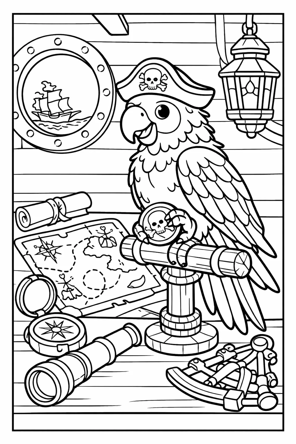 A parrot in a tiny pirate hat clutching a gold coin on a perch inside a ship cabin with maps and a compass on a nearby desk