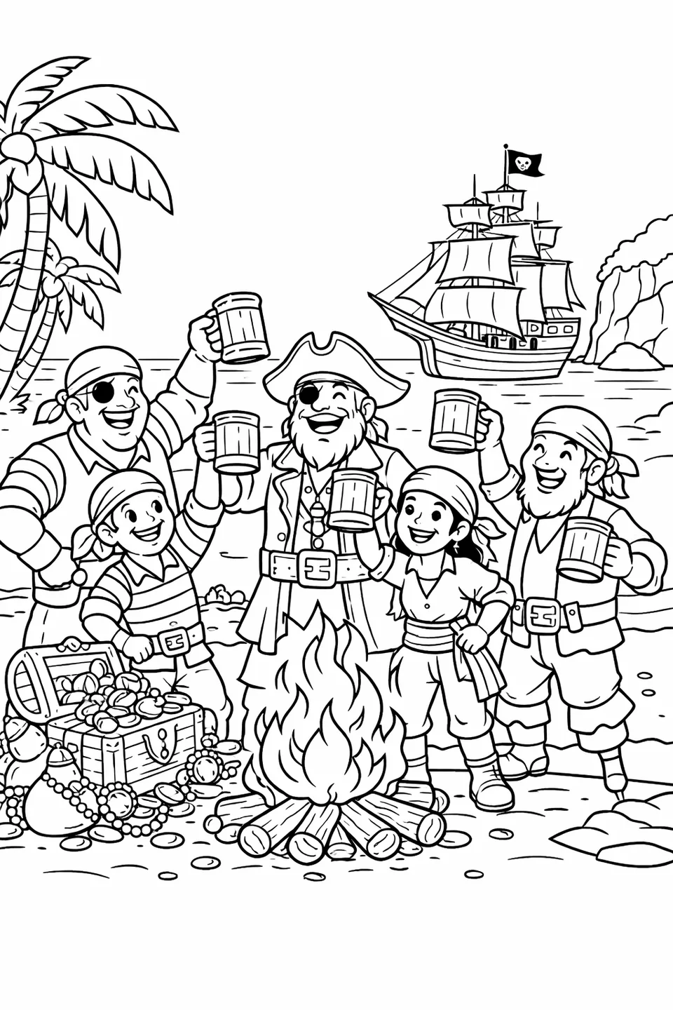 Five pirates toasting with mugs around a bonfire on a beach with a pile of treasure behind them and a ship anchored in a cove