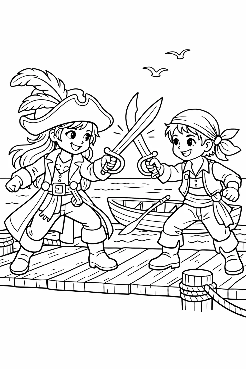 A girl pirate and a boy pirate sword fighting with cutlasses on a wooden dock with a rowboat and ocean in the background