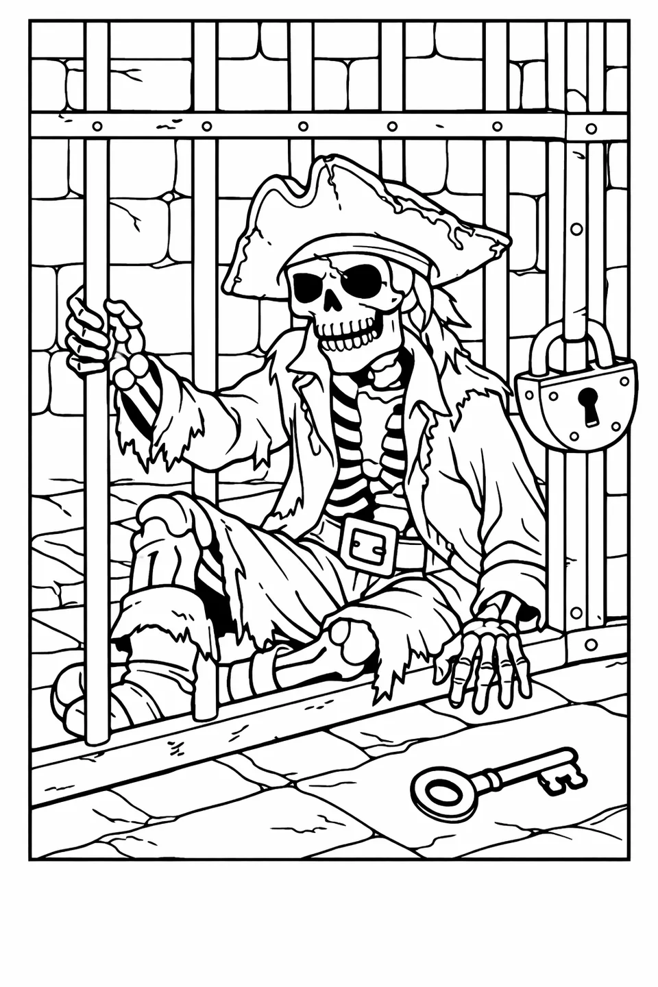 A skeleton in a pirate hat and coat sitting in an iron-barred stone cell reaching toward a key on the floor outside