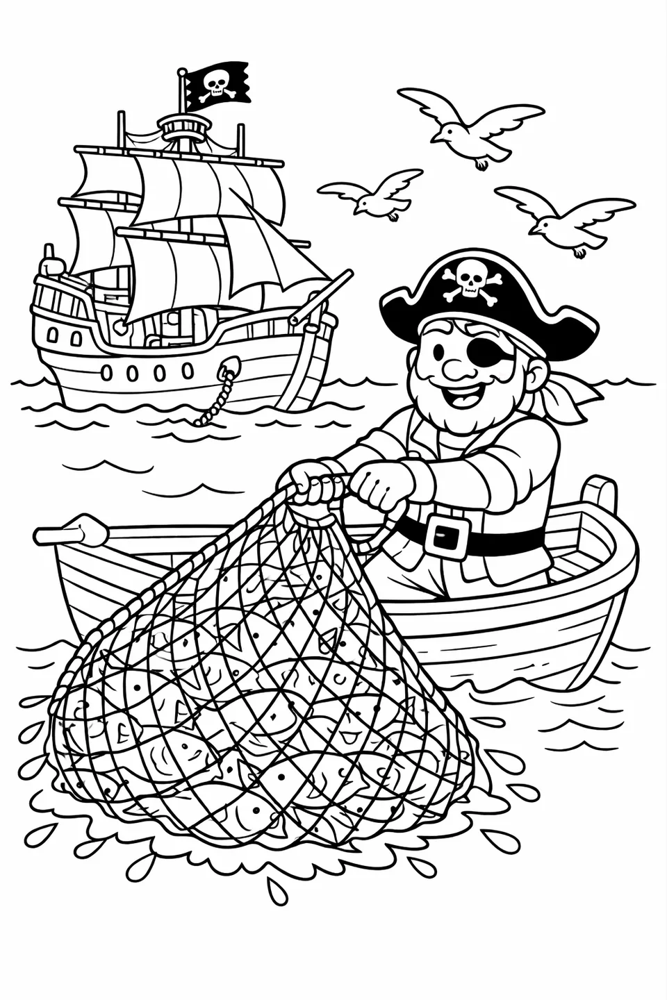 A pirate in a rowboat pulling a heavy net full of fish from the water with a ship anchored in the background and seagulls overhead