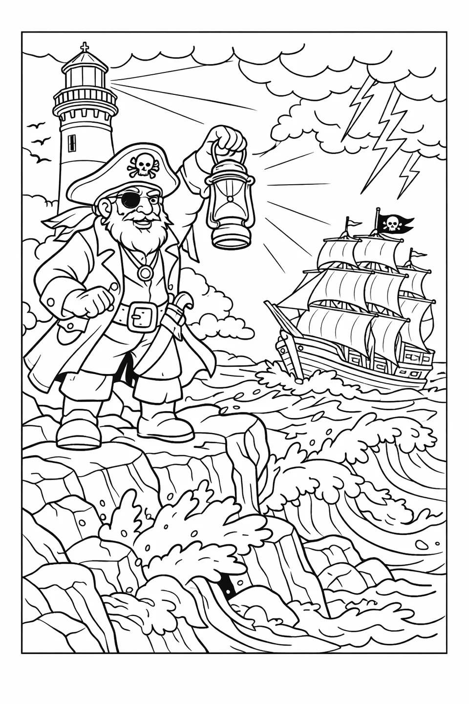 A pirate waving a lantern from a rocky cliff while a ship navigates stormy water and waves crash on the rocks below