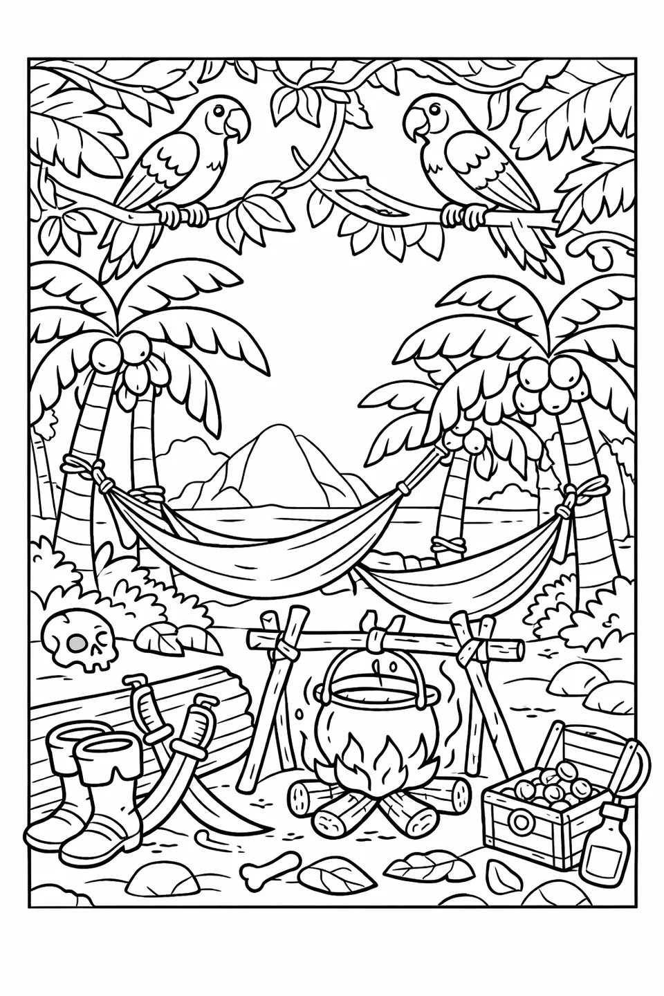 A pirate jungle camp with hammocks between palm trees, a cooking pot over a fire, swords leaning on a log, and parrots in the canopy