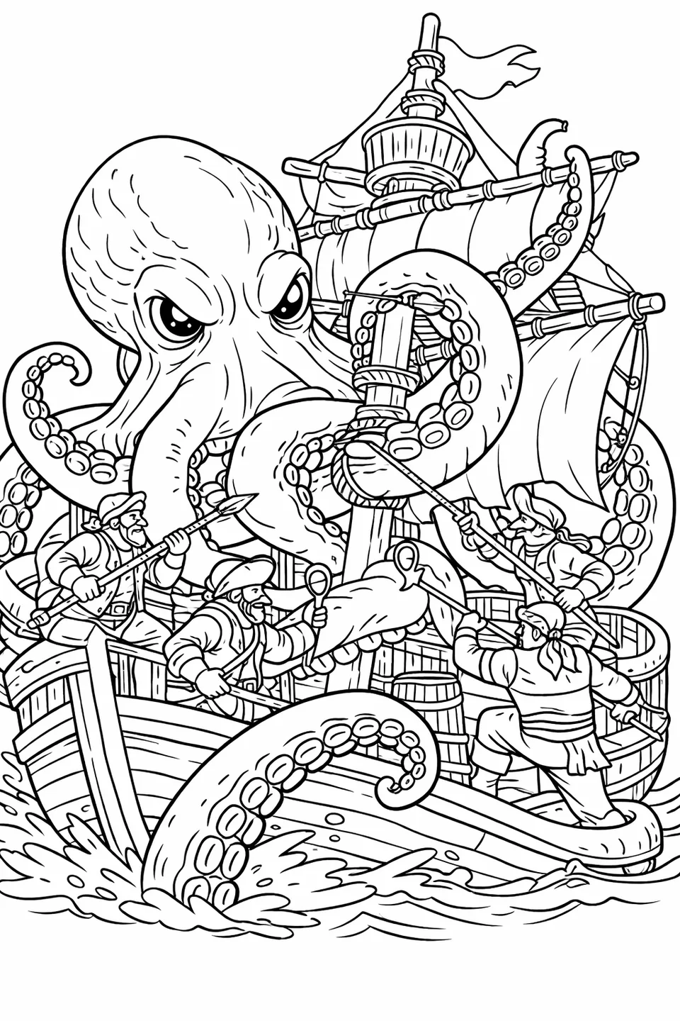 A giant octopus wrapping tentacles around a sailing ship while pirates on deck fight back with spears and hooks