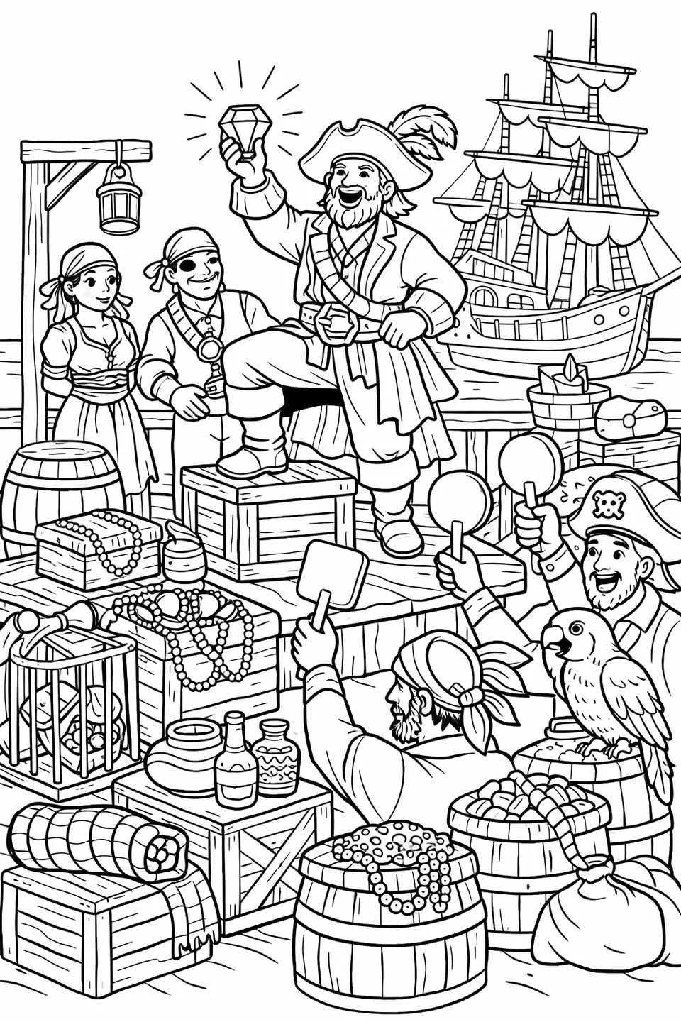 A pirate auctioneer holding up a gemstone on a port dock while a crowd of pirates raise paddles to bid surrounded by crates and barrels