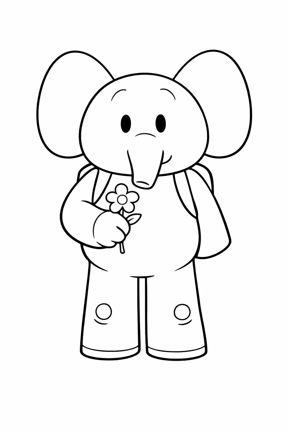 Pink cartoon elephant standing and holding a flower