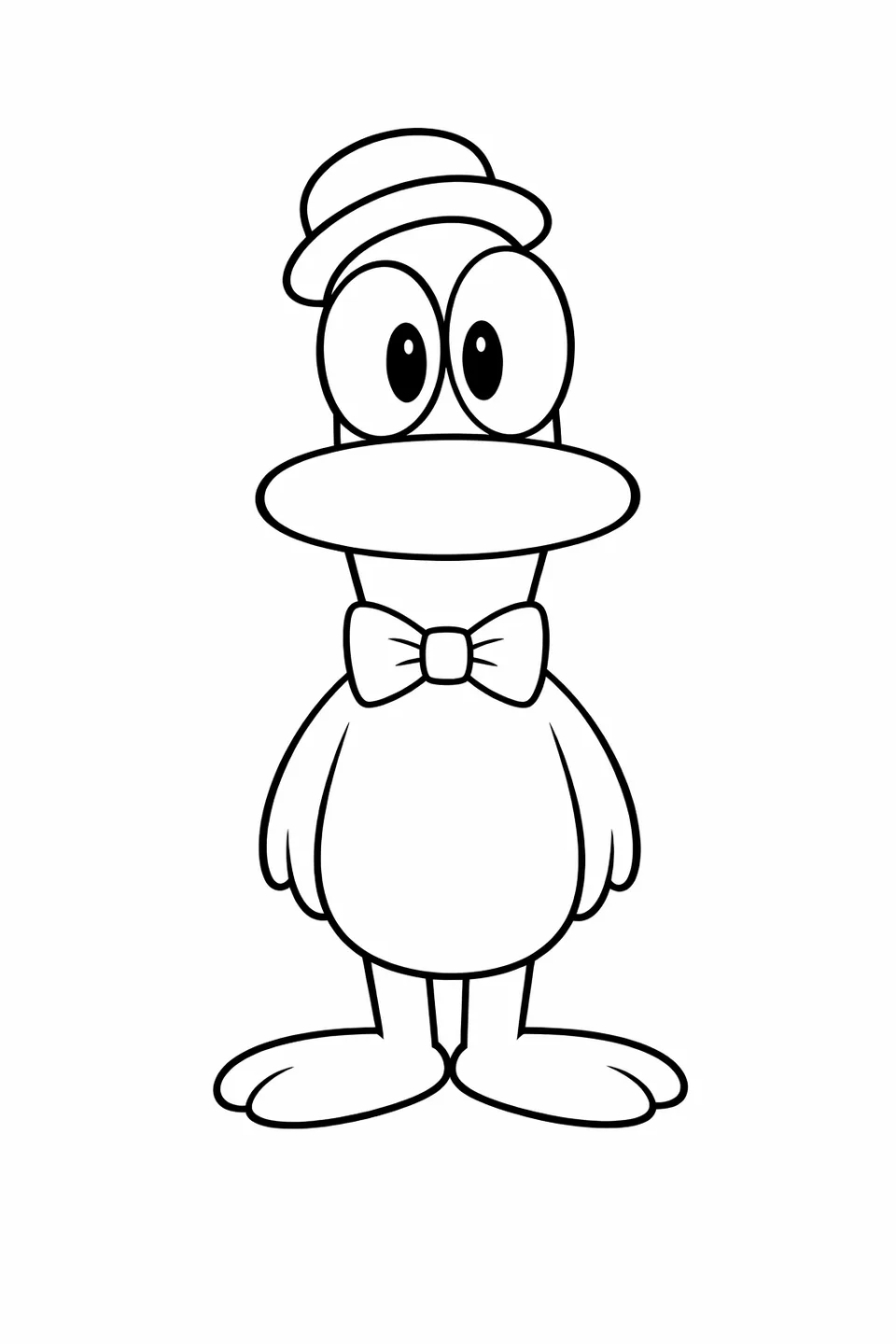 Yellow cartoon duck standing upright wearing a red bow tie