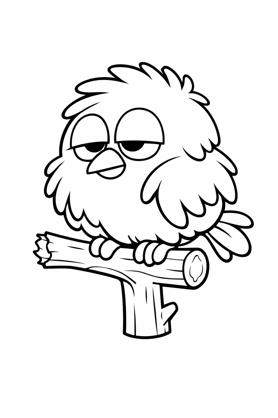 Small cartoon bird perched on a branch with eyes half closed