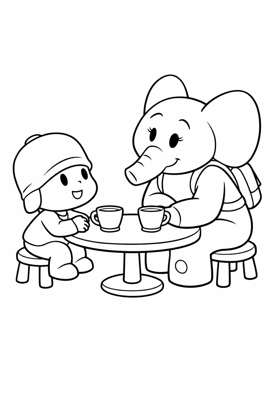Cartoon boy and pink elephant sitting at a small table with cups