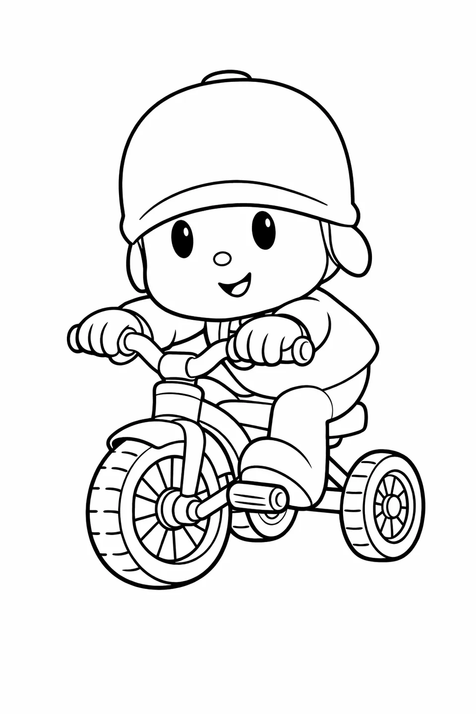 Cartoon boy in a blue suit riding a red tricycle