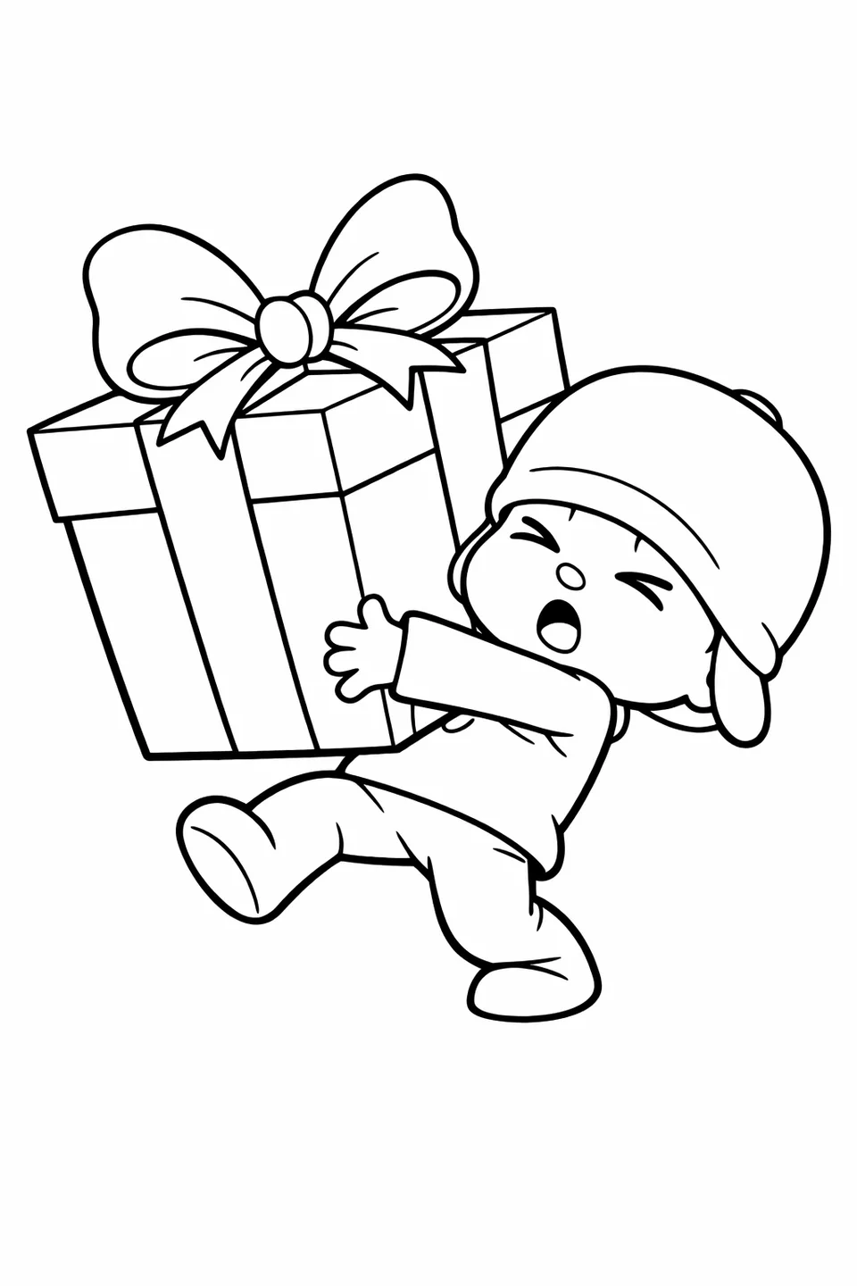 Cartoon boy in a blue suit holding a large wrapped gift box