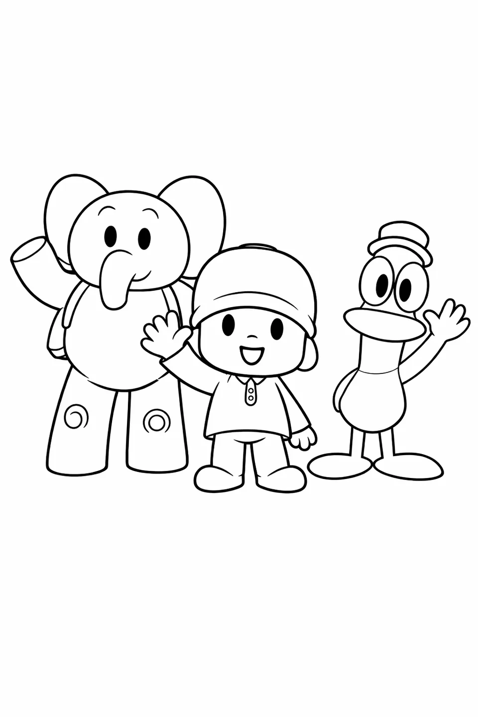 Three cartoon characters standing side by side and waving