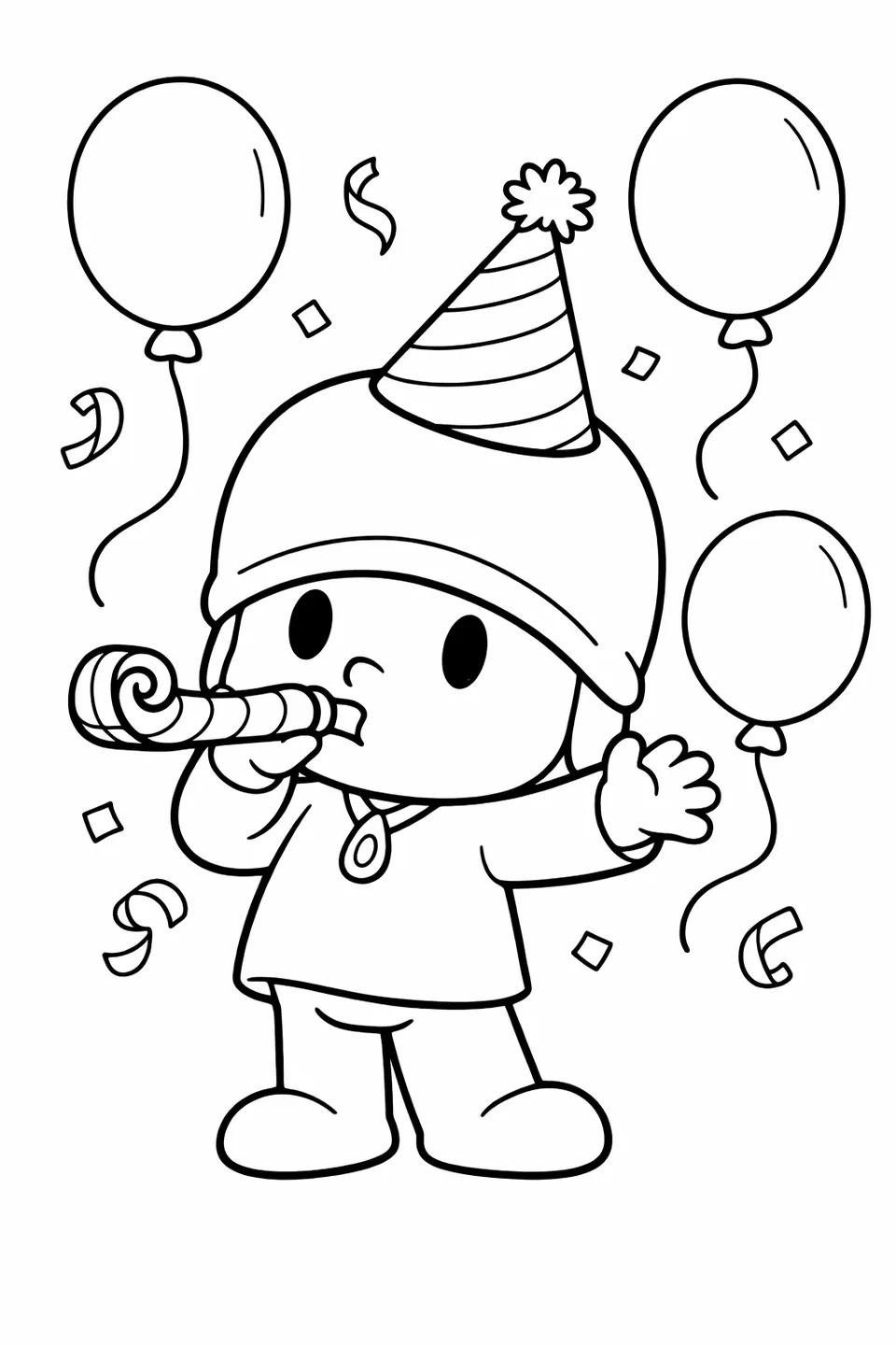 Cartoon boy in a party hat blowing a noisemaker with balloons nearby