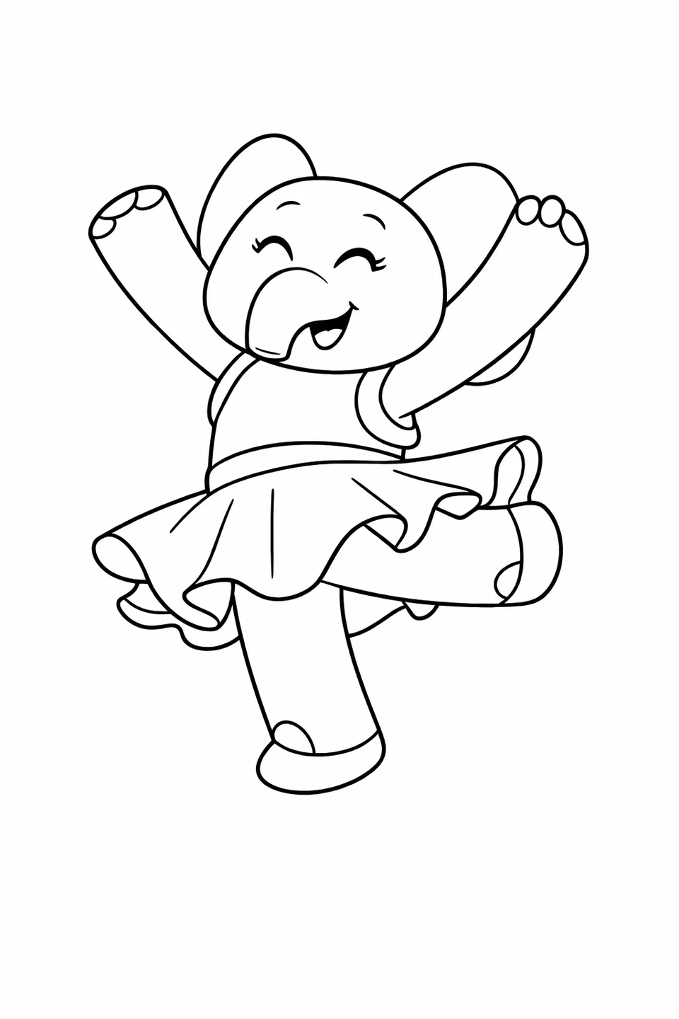 Pink cartoon elephant dancing with arms raised and one foot off the ground