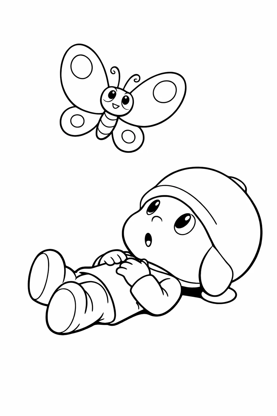 Cartoon boy lying on his back looking up at a large butterfly