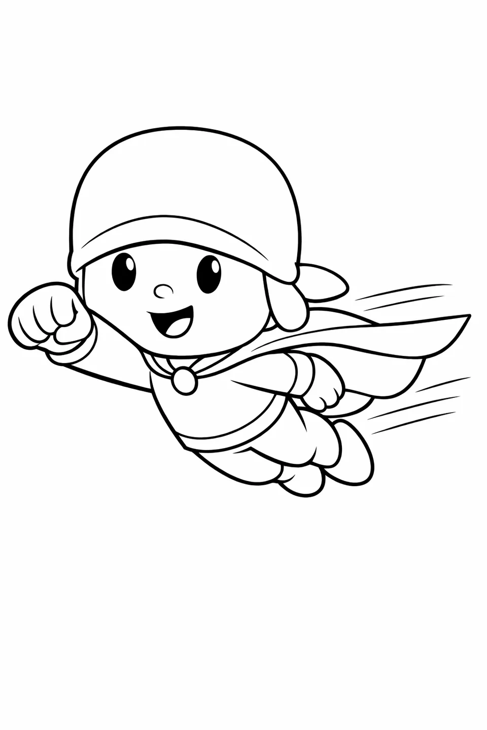 Cartoon boy in a cape flying with one fist extended forward