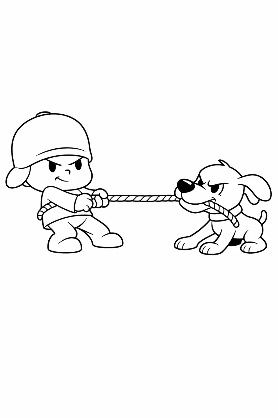 Cartoon boy and round dog playing tug of war with a rope