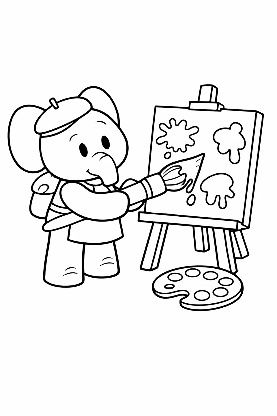 Pink cartoon elephant painting on a canvas with a large brush