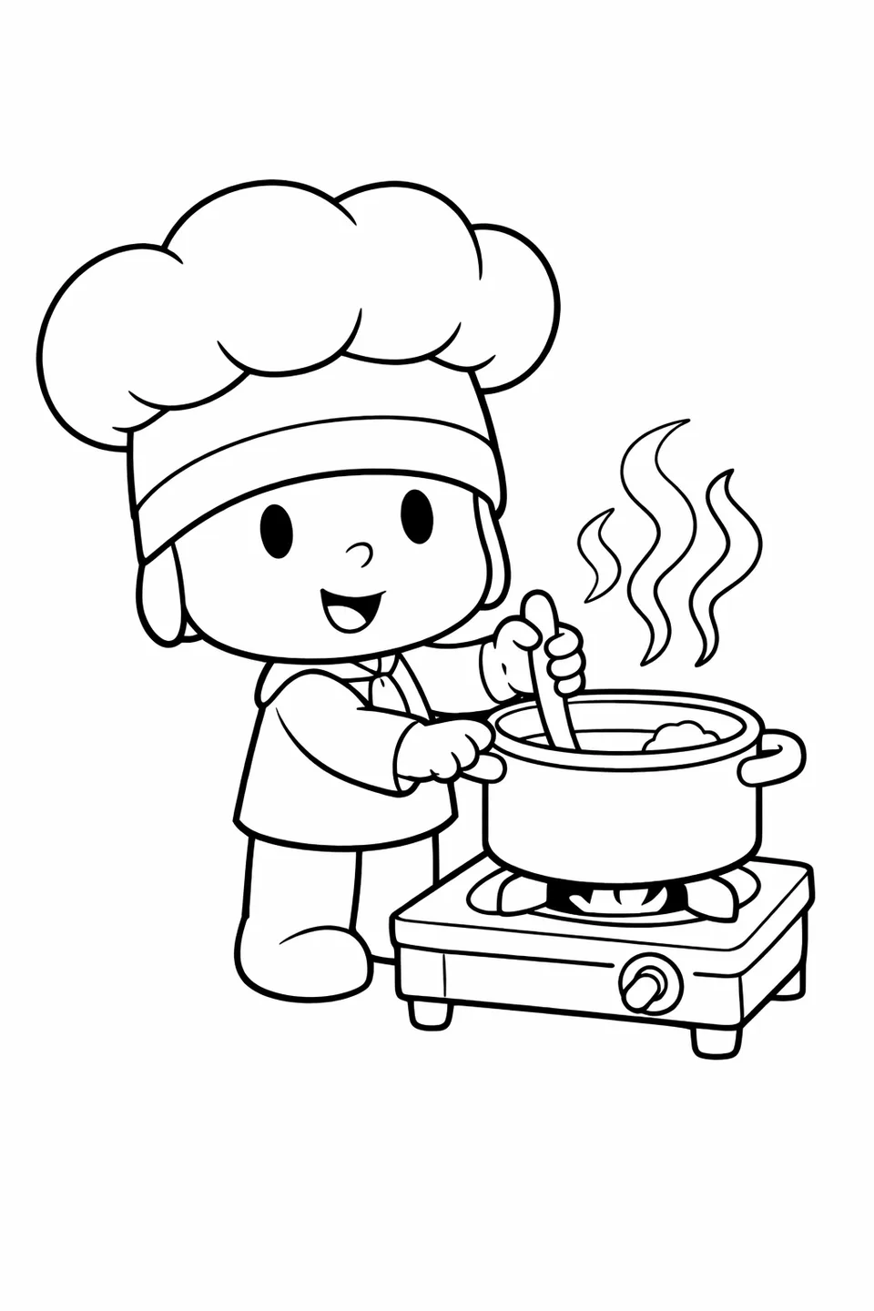 Cartoon boy in a chef hat stirring a pot on a small stove