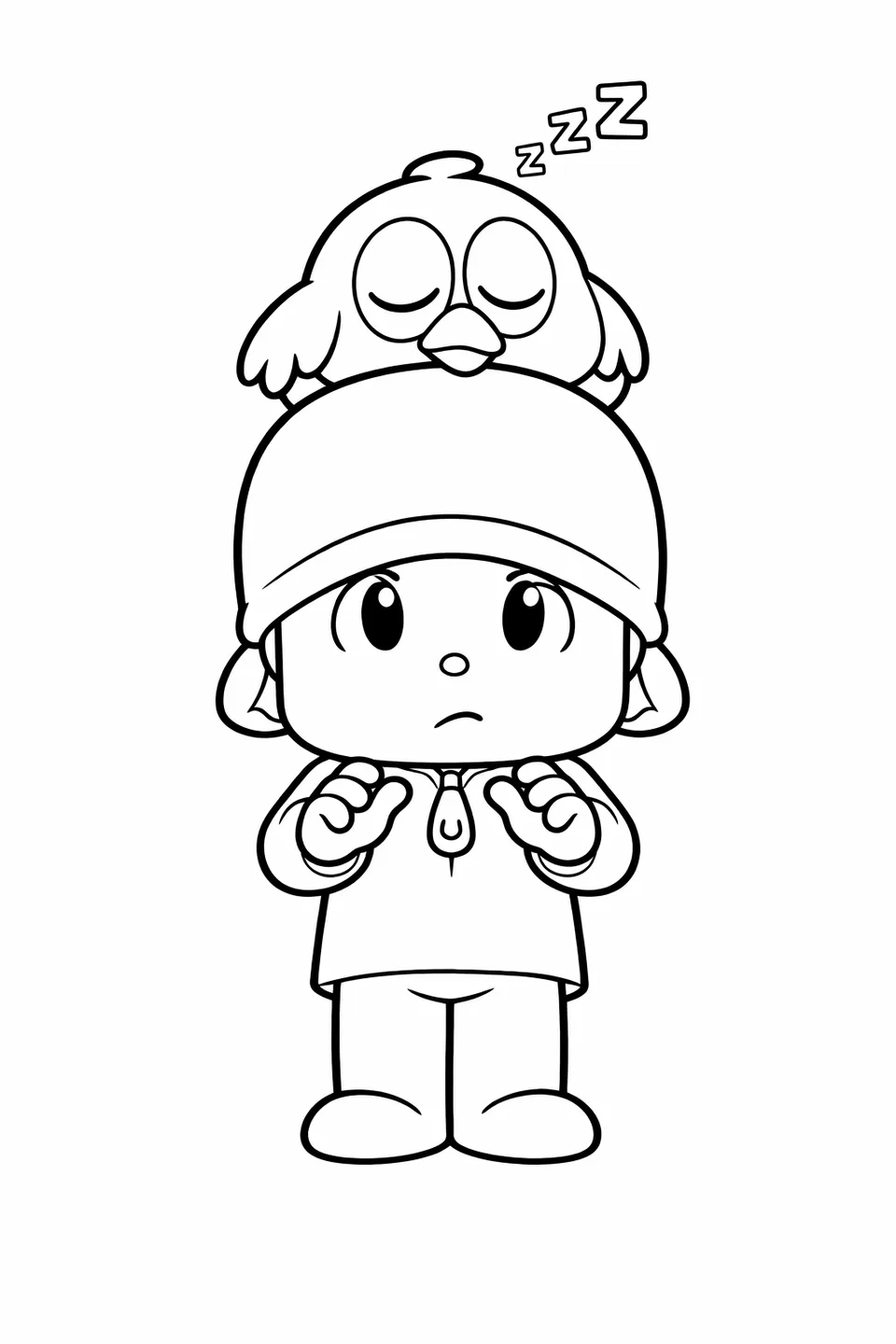 Small cartoon bird sleeping on top of a cartoon boy's hooded head