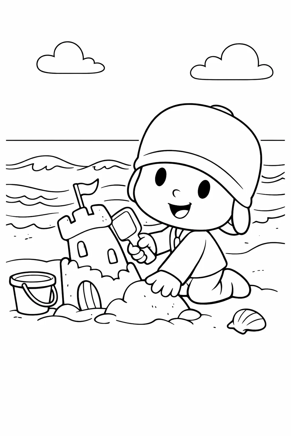 Cartoon boy crouching beside a sandcastle on a beach with waves in the background