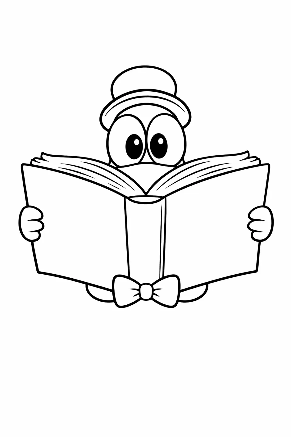 Yellow cartoon duck reading a large open book nearly covering his body
