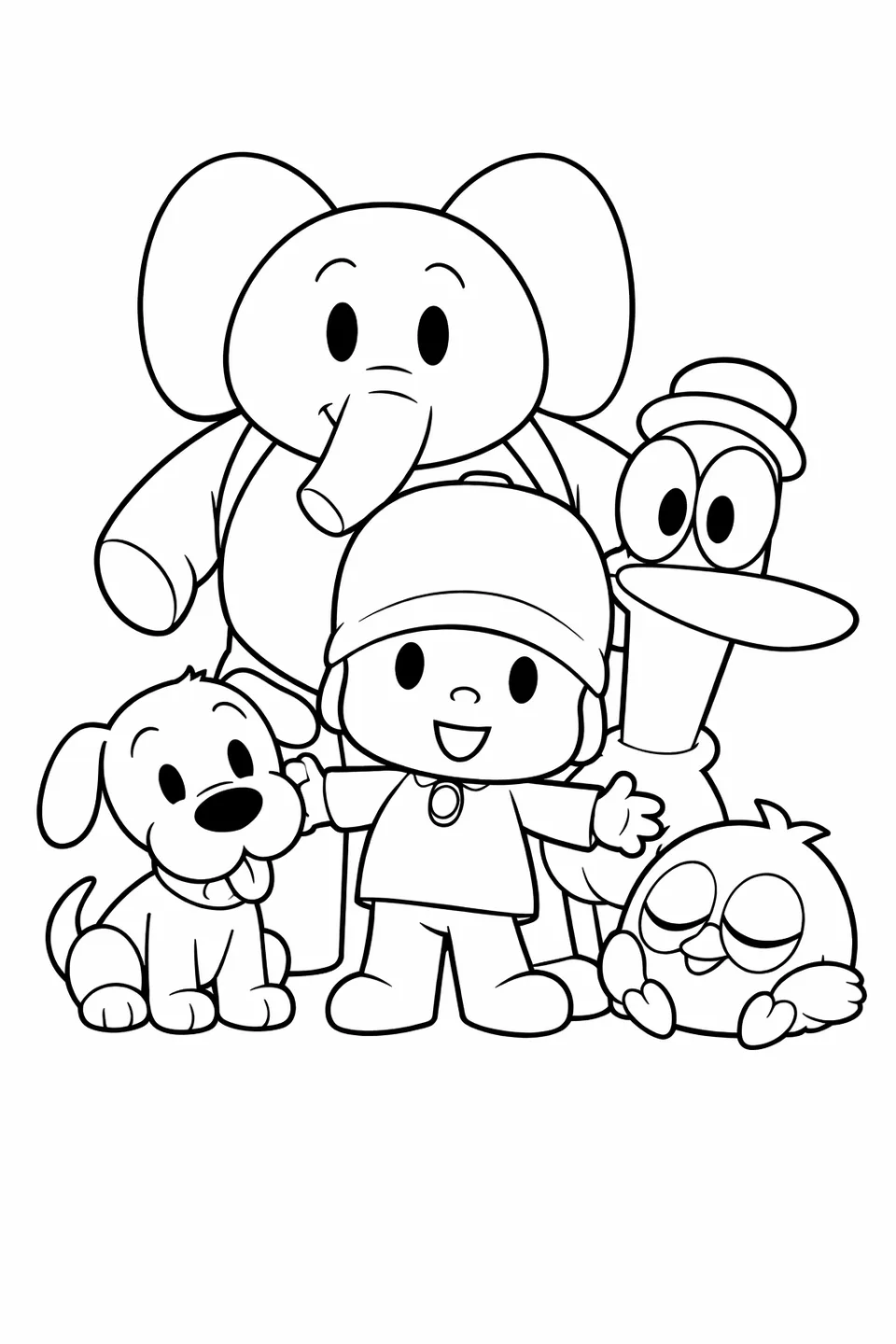 Five cartoon characters grouped together facing forward in a full group portrait