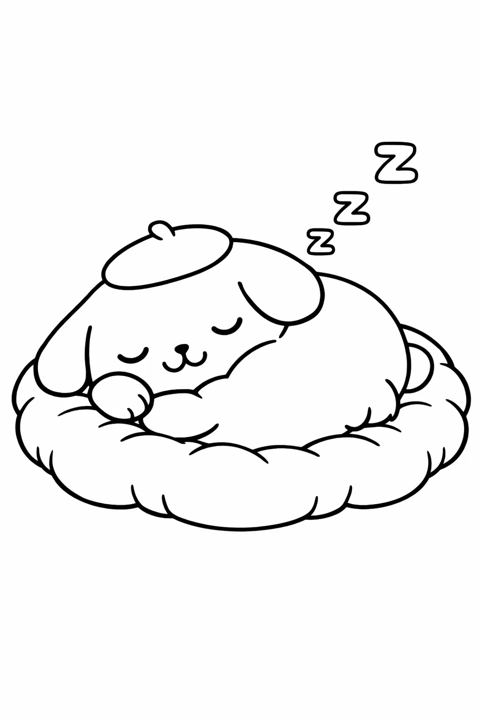 Line drawing of Pompompurin sleeping on a round cushion with zzz symbols above him