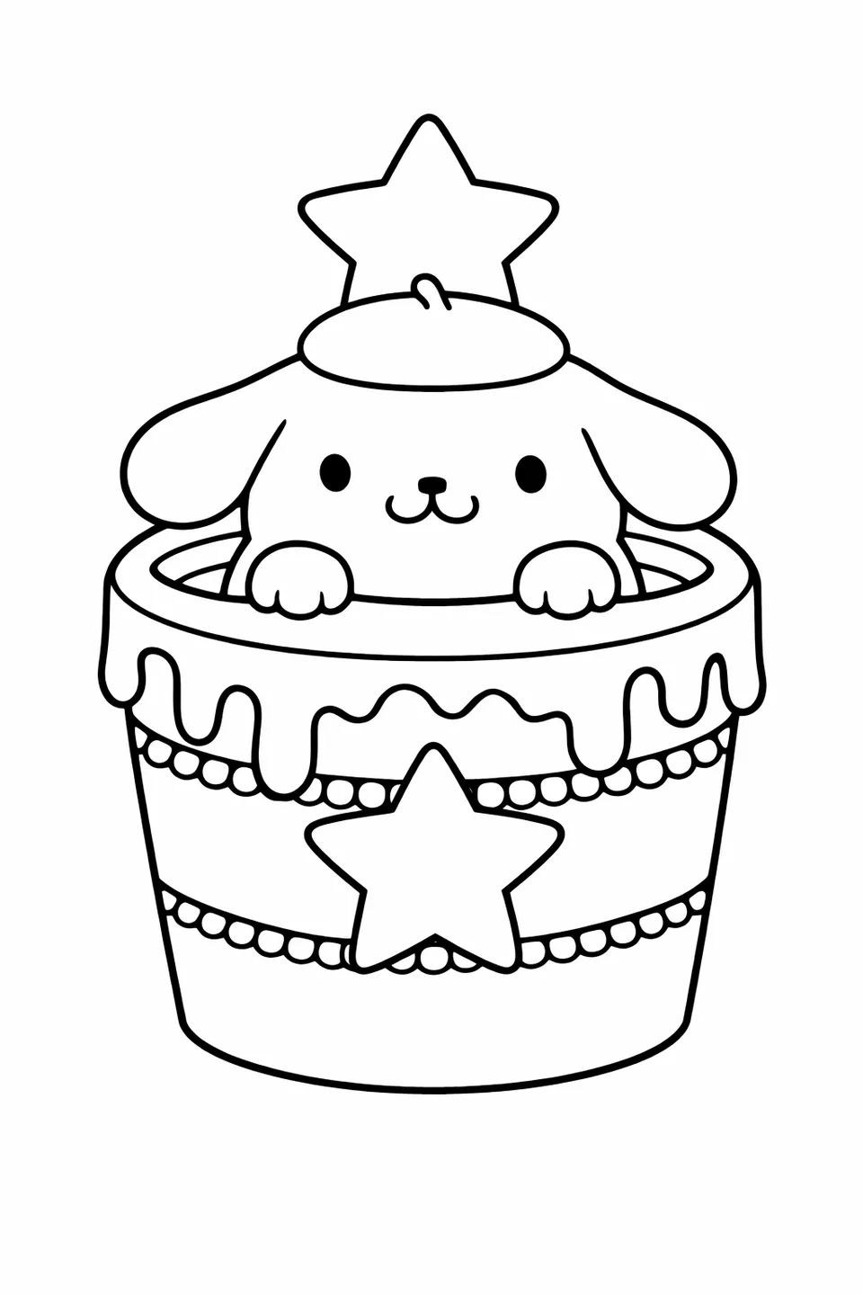 Line drawing of Pompompurin sitting inside a large pudding cup with caramel sauce and a star on top