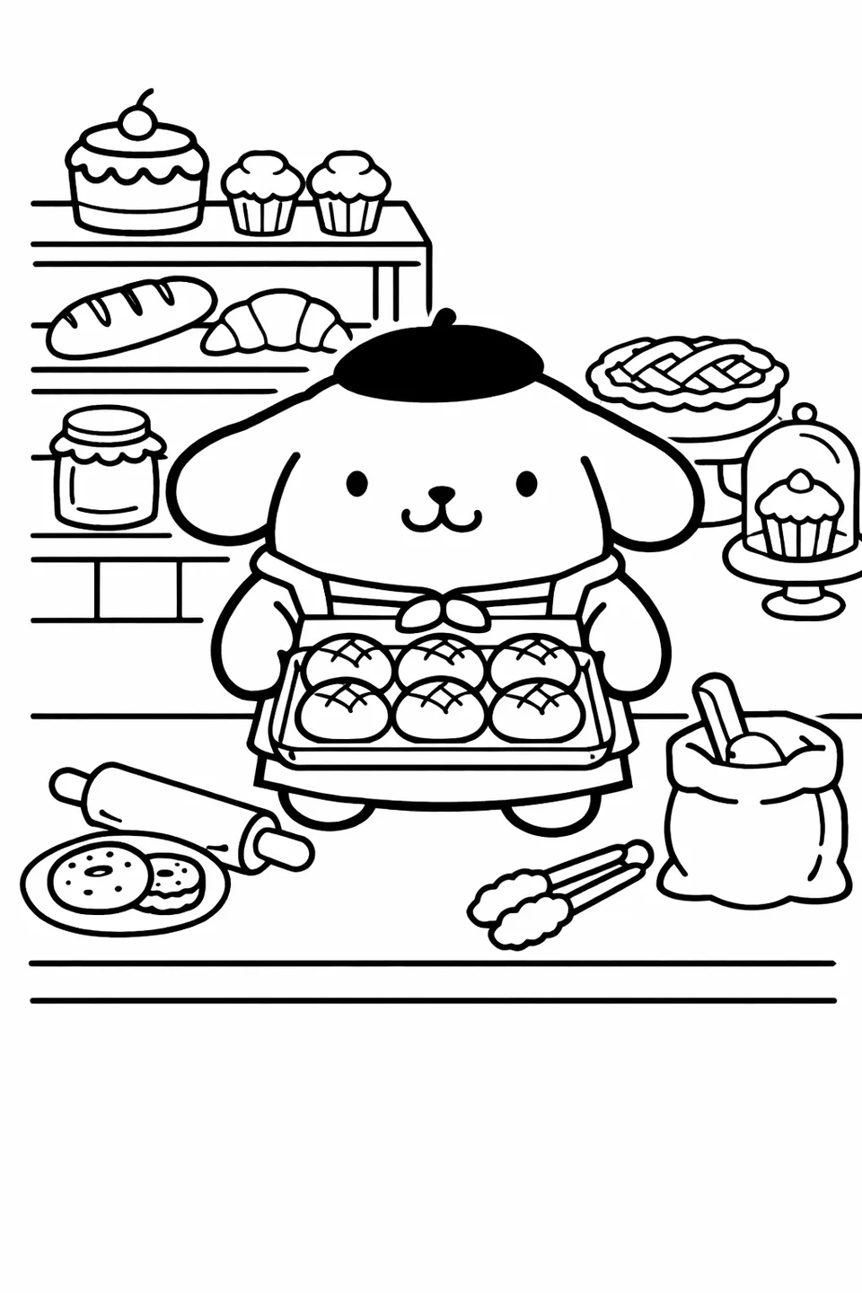 Line drawing of Pompompurin in an apron holding a tray of bread rolls behind a bakery counter