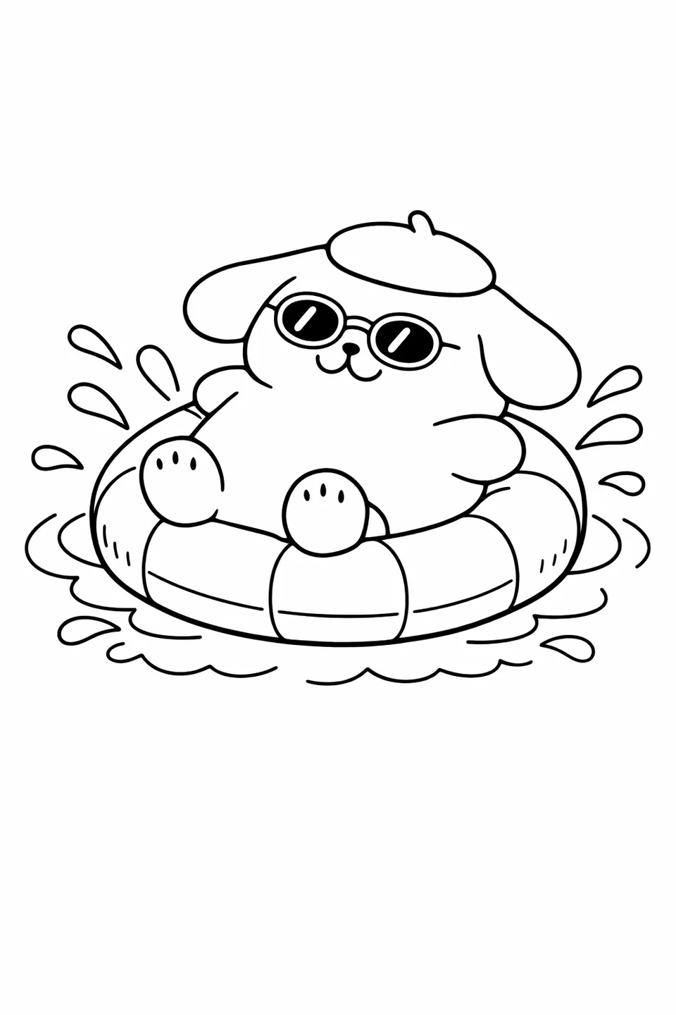 Line drawing of Pompompurin on a yellow pool float wearing sunglasses with water ripple lines around him