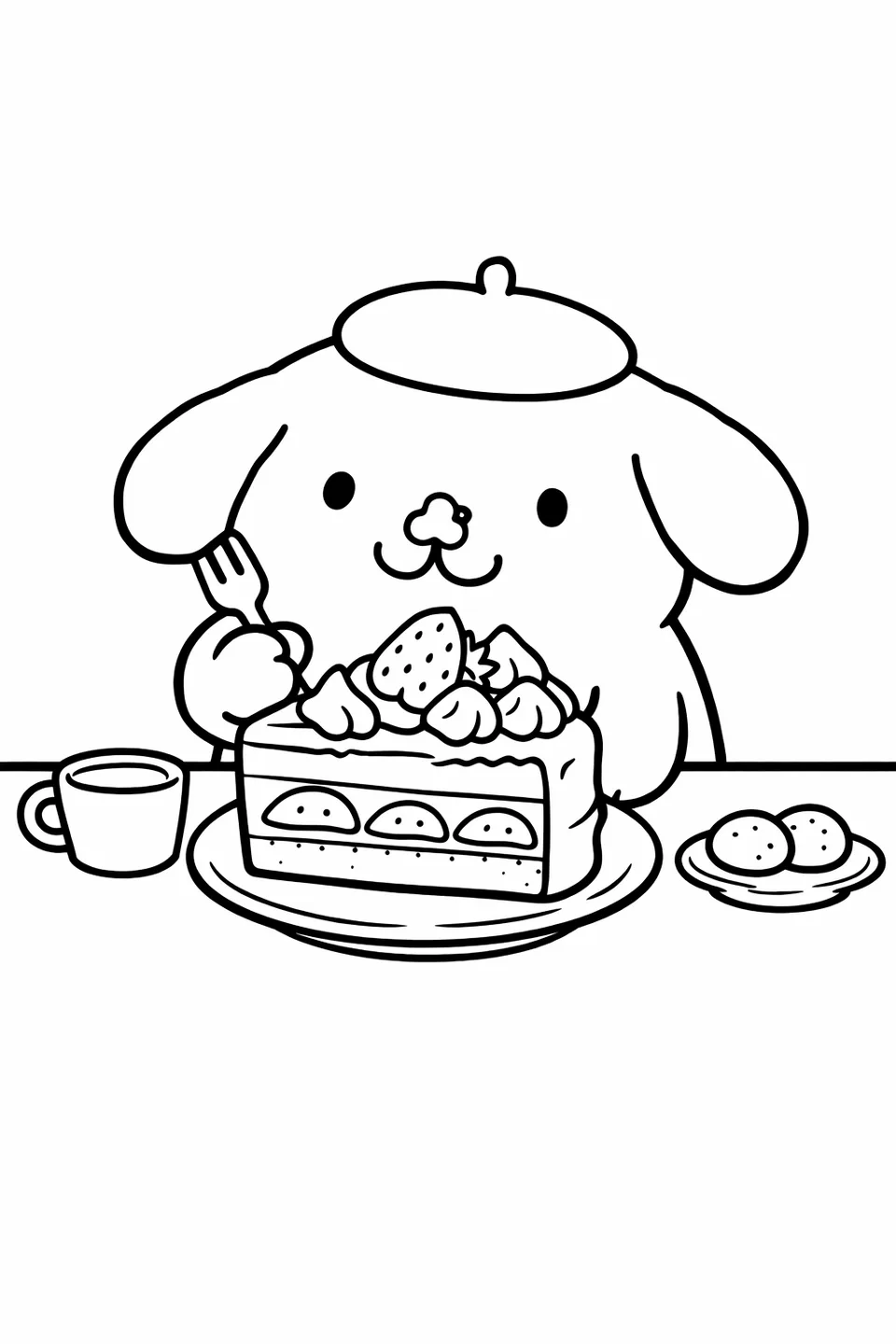 Line drawing of Pompompurin holding a fork and eating a slice of strawberry shortcake with cream on his nose
