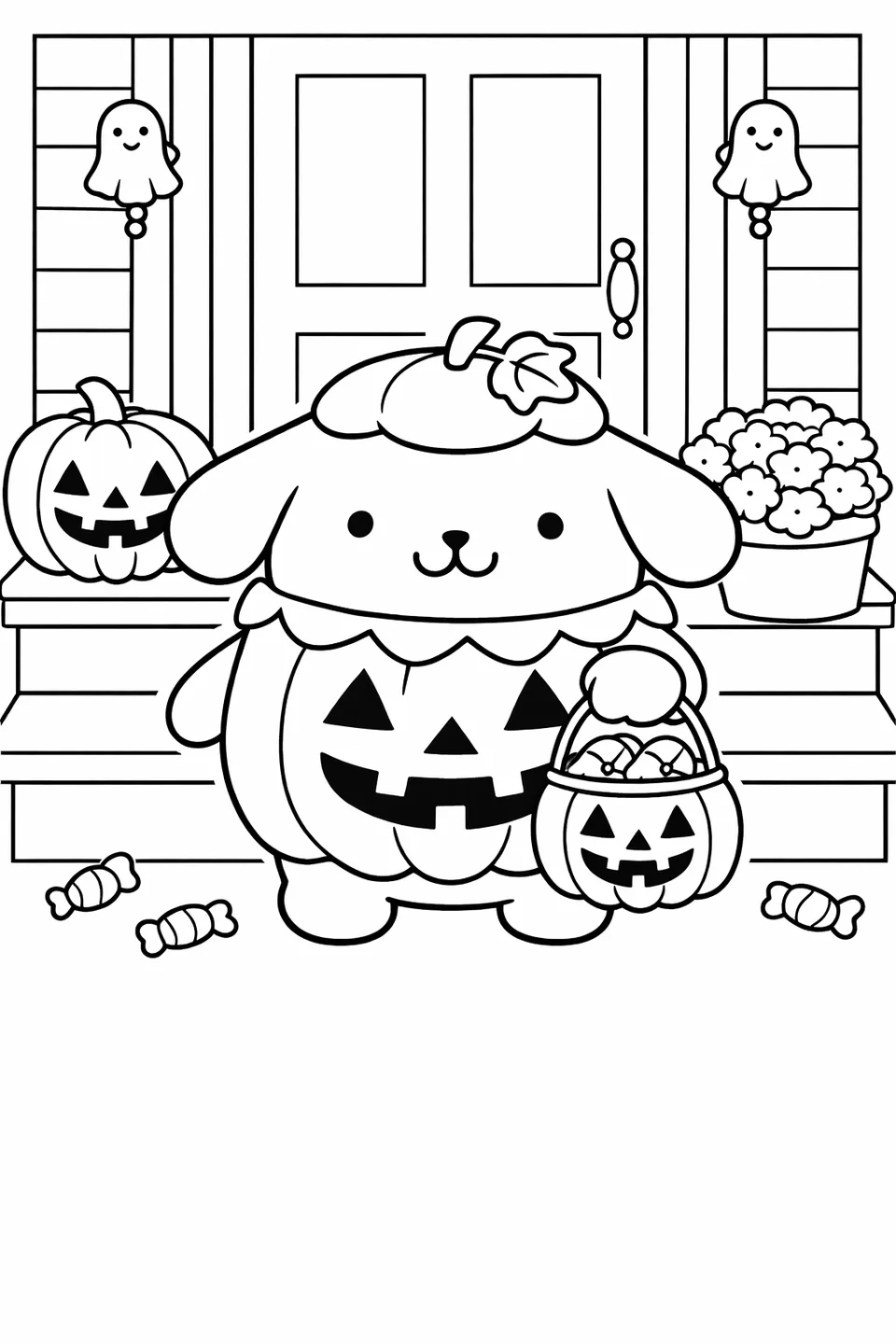 Line drawing of Pompompurin in a pumpkin Halloween costume holding a candy bucket on a porch