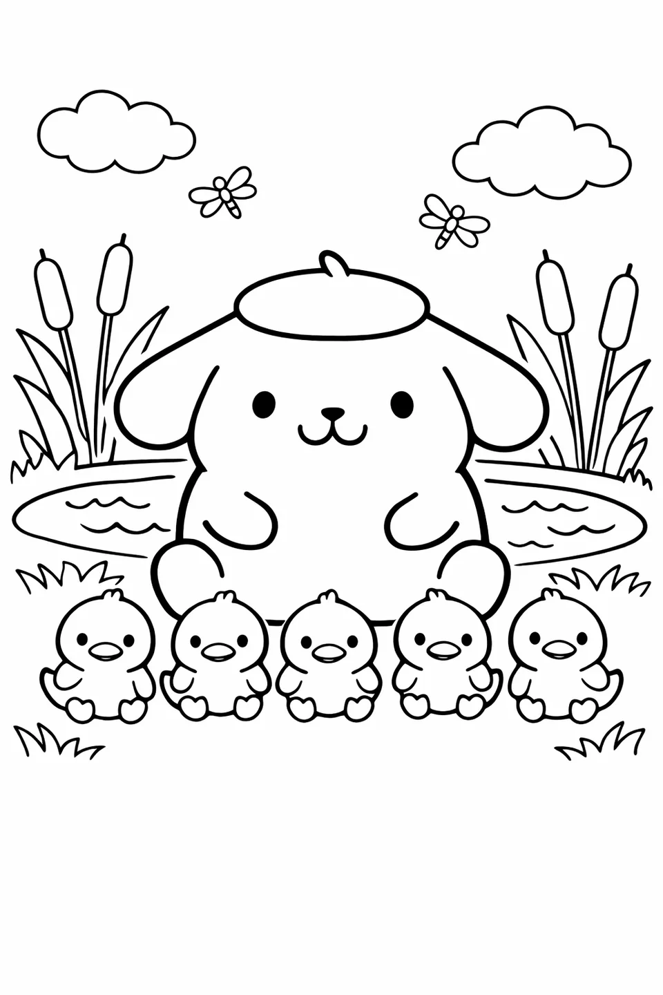 Line drawing of Pompompurin sitting near a pond with five ducklings lined up in front of him