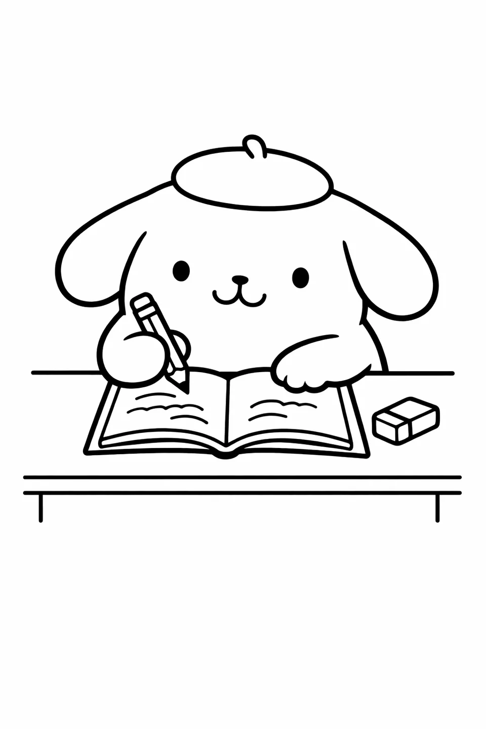 Line drawing of Pompompurin at a desk holding a pencil over an open notebook with a ruler and eraser nearby