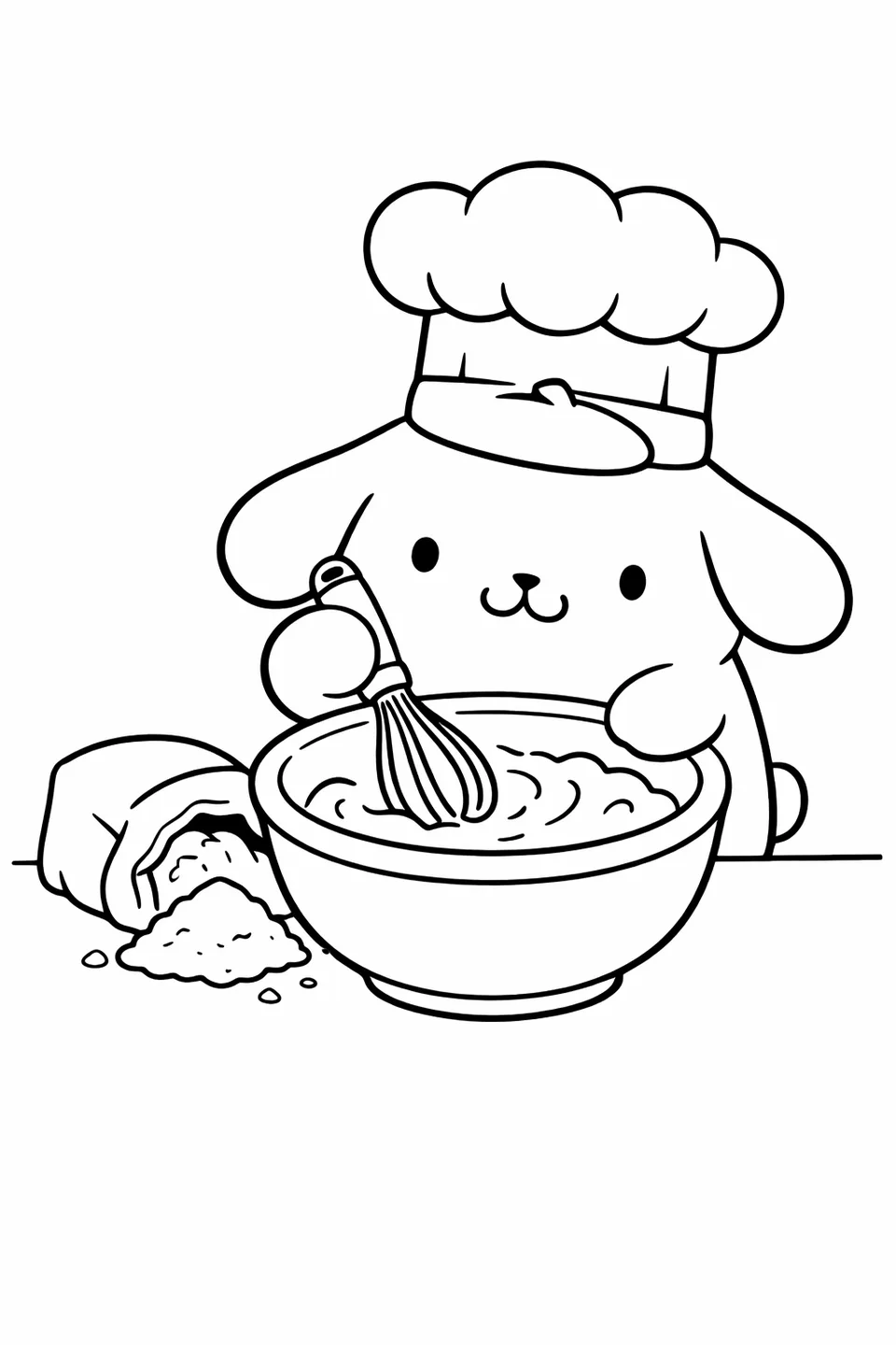 Line drawing of Pompompurin in a chef hat whisking batter in a bowl with a flour bag on the counter