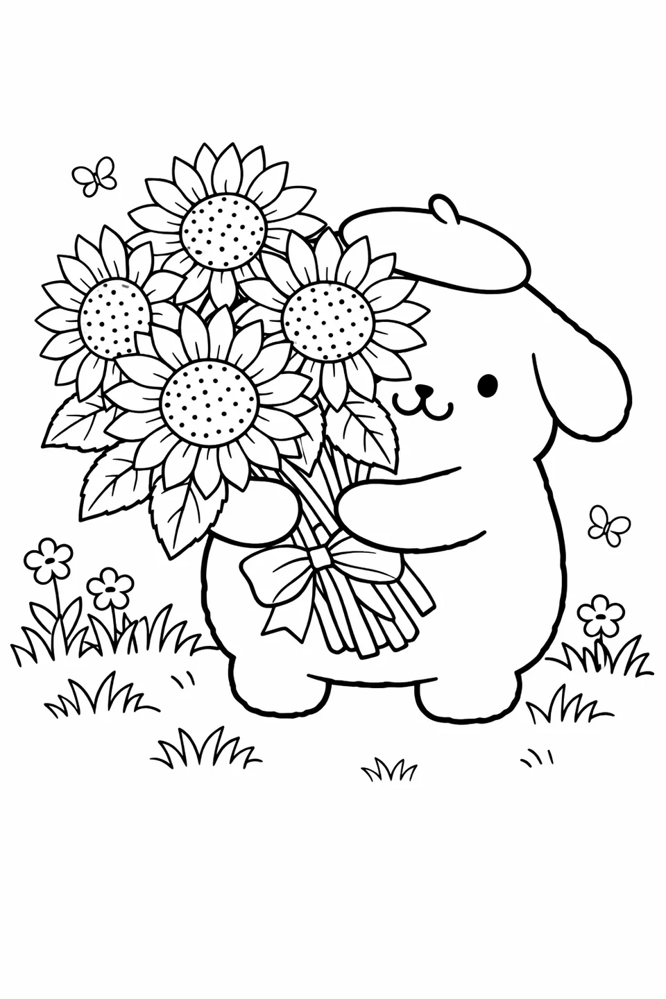 Line drawing of Pompompurin holding a large sunflower bouquet in a meadow with grass and small flowers