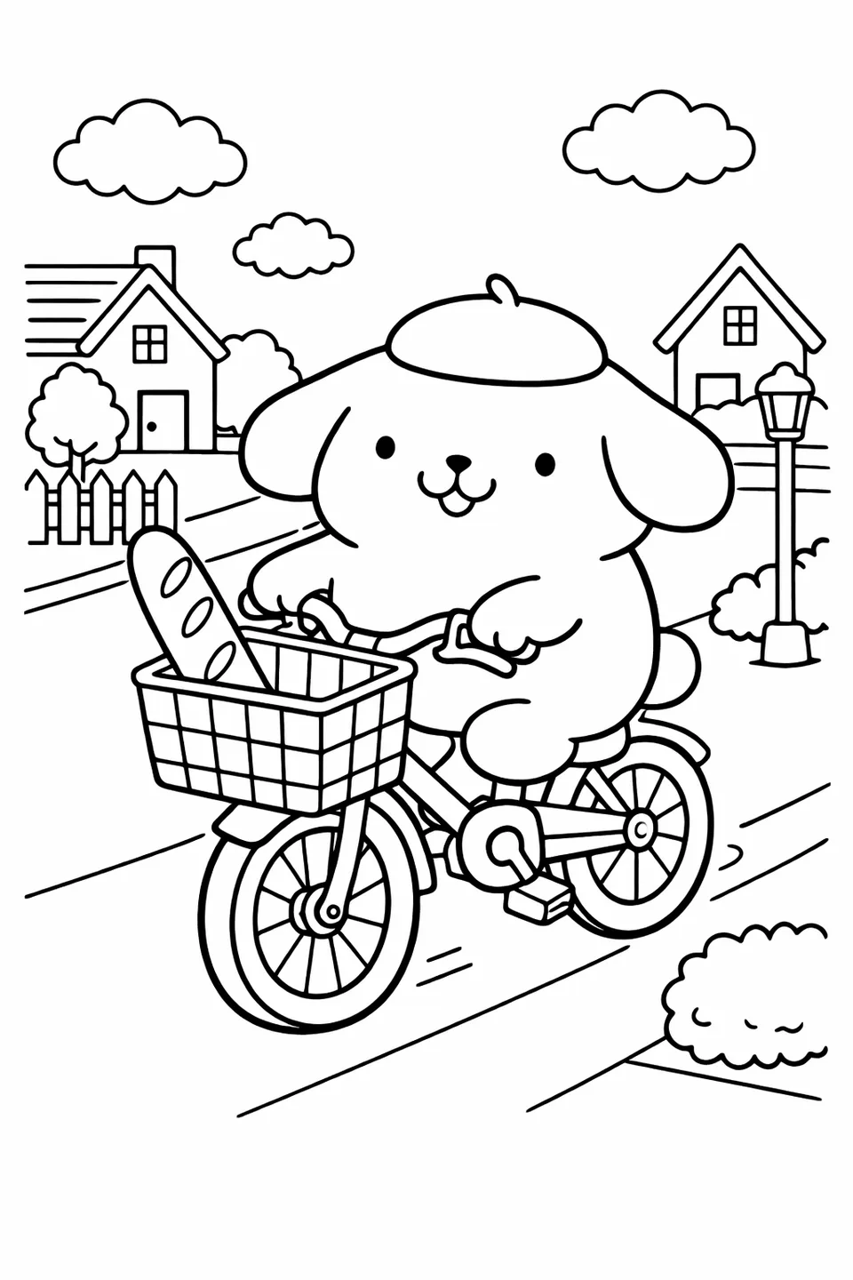 Line drawing of Pompompurin riding a yellow bicycle with a baguette in the front basket on a street