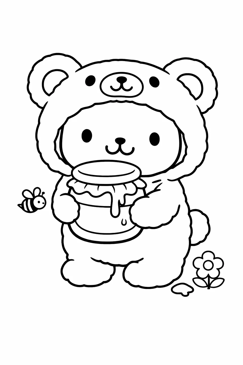 Line drawing of Pompompurin in a bear onesie with ear hood holding a jar of honey