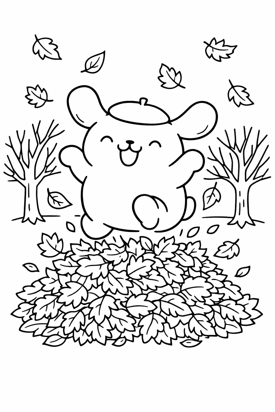 Line drawing of Pompompurin jumping into a pile of autumn leaves with bare trees behind him